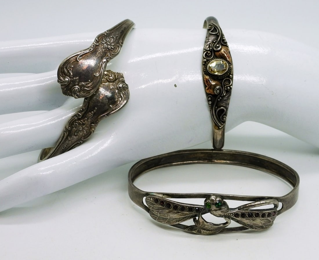(3) Vintage 925 Bangle / Cuff Bracelets with Gemst: Dragonfly Bangle with Gemstones and Engraved "Ruth Lee French". Floral Cuff with Yellow Center Gemstone. Silverware ends Bangle Bracelet. 49.1 DWT