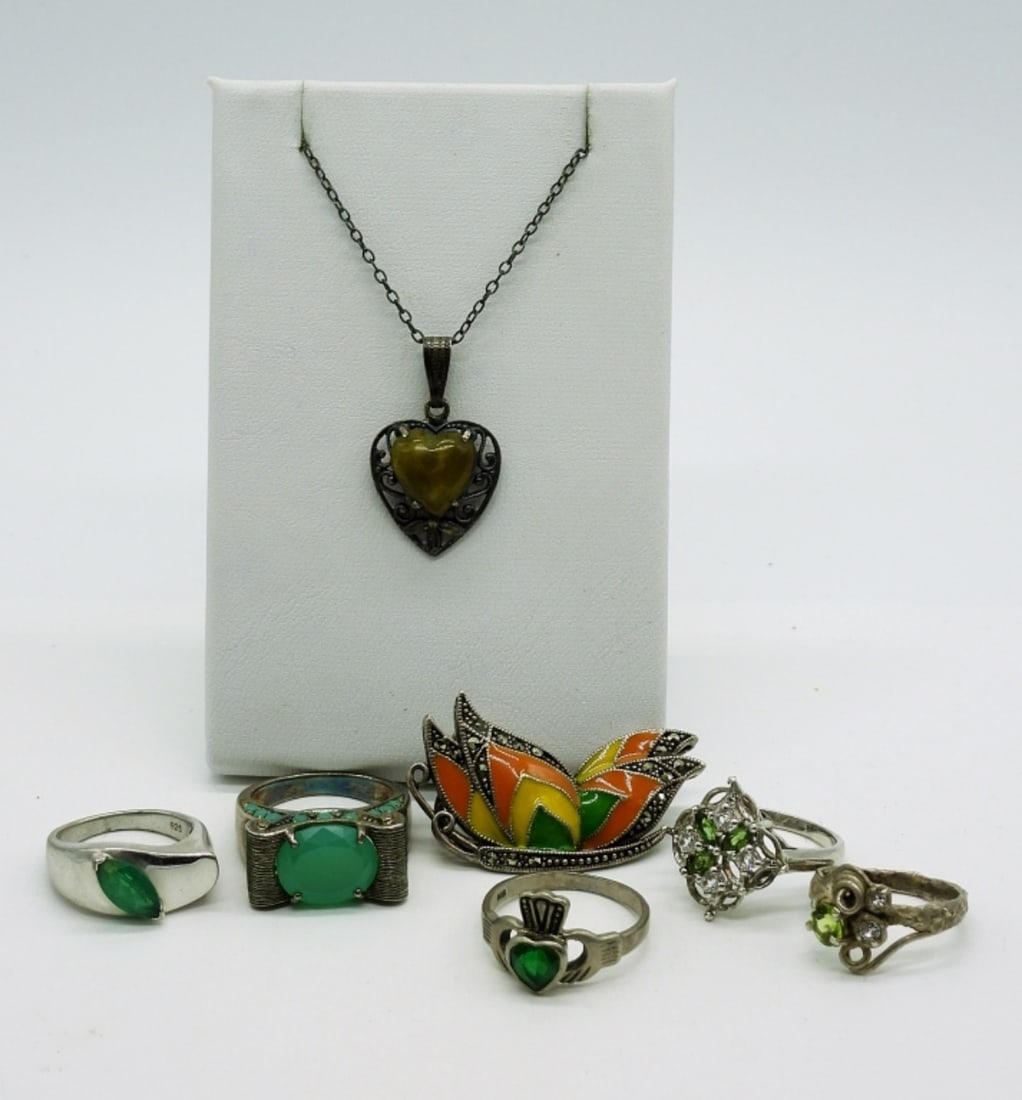 Vintage Sterling Rings (5) with Green Gems, Neckla (1 of 3)