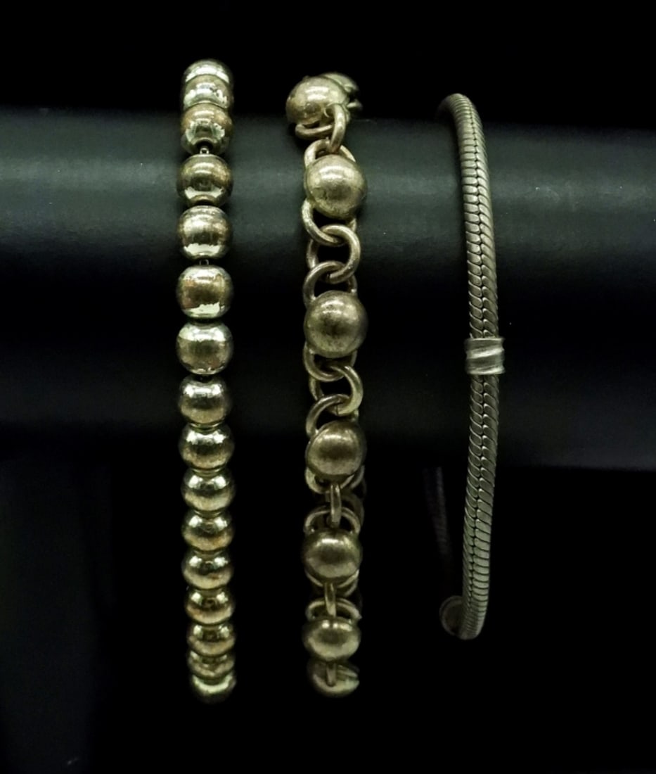 (3) Sterling Vintage Bracelets-Silver Beads: Three Vintage 7 inch Bracelets with Sterling Silver Beads. 22.6 DWT