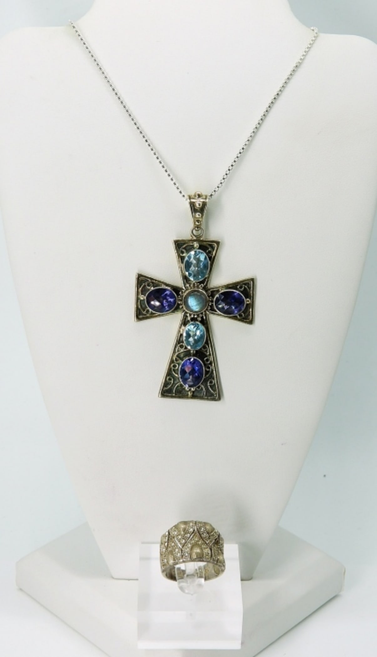 Large Sterling Gemstone Cross Necklace & Ring (1 of 4)