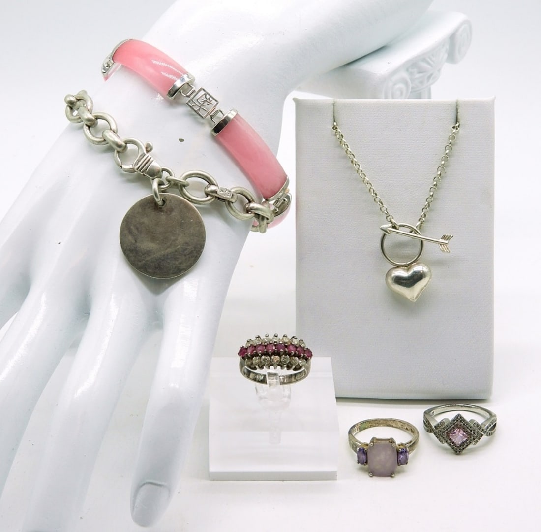 Pink Jade 925 Bracelet, Rings & Necklace (1 of 3)