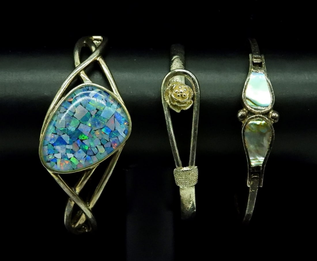 Vintage Sterling Cuff Style Bracelets: Vintage Sterling Abalone Cuff Bracelet, Vintage Sterling Rose Cuff Bracelet & Sterling Cuff with Mosaic Gemstone. 31.2 DWT