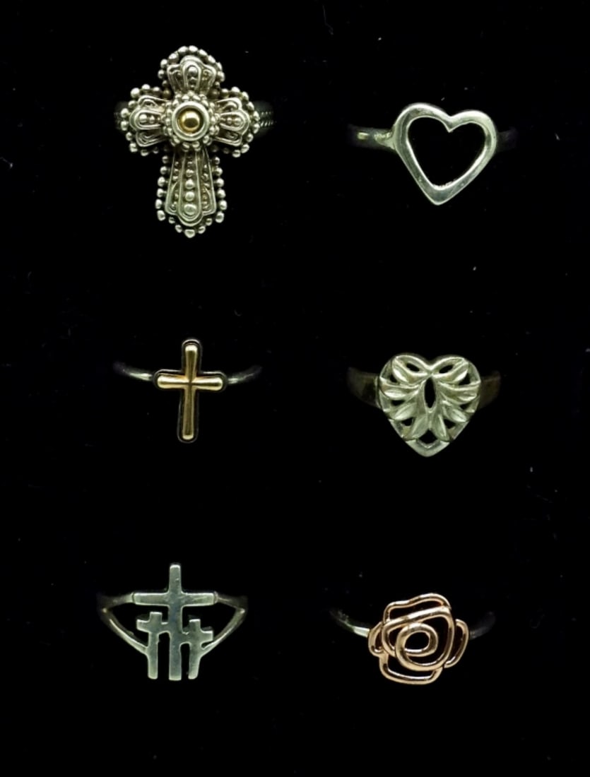 (6) Sterling Two Tone Rings- Crosses & Hearts (1 of 2)