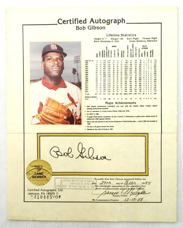 BOB GIBSON AUTOGRAPHED AMERICAN SPORTS STAT SHEET (1 of 2)