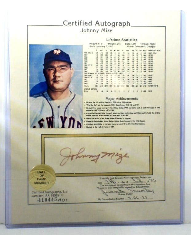 JOHNNY MIZE AUTOGRAPH AMERICAN SPORTS STAT SHEET (1 of 2)