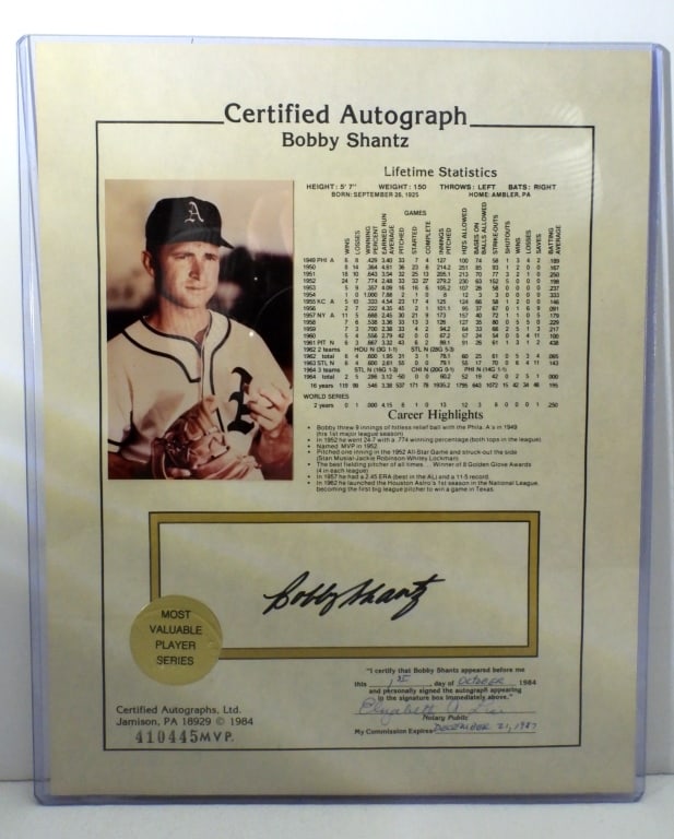 BOBBY SHANTZ AUTOGRAPH AMERICAN SPORTS STAT SHEET (1 of 2)