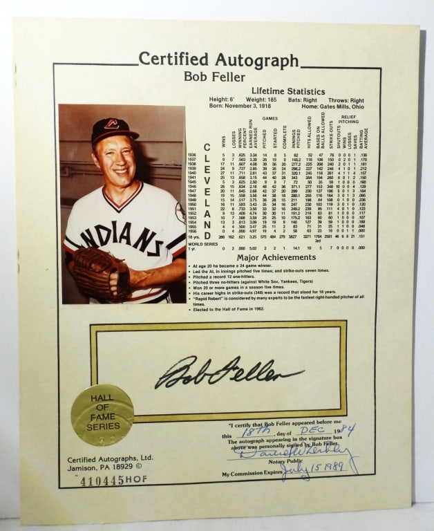 BOB FELLER AUTOGRAPH AMERICAN SPORTS STAT SHEET (1 of 2)