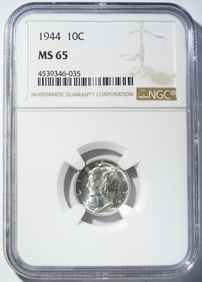 1944 MERCURY DIME NGC MS-65
