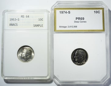 (2) ROOSEVELT DIMES 1953-S ANACS MS-64 &