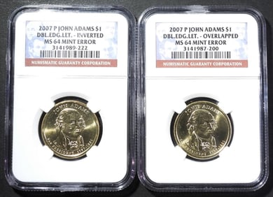 (2) JOHN ADAMS $1 NGC MS-64 MINT ERROR