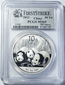 2013 CHINA SILVER PANDA 10YN PCGS MS-69