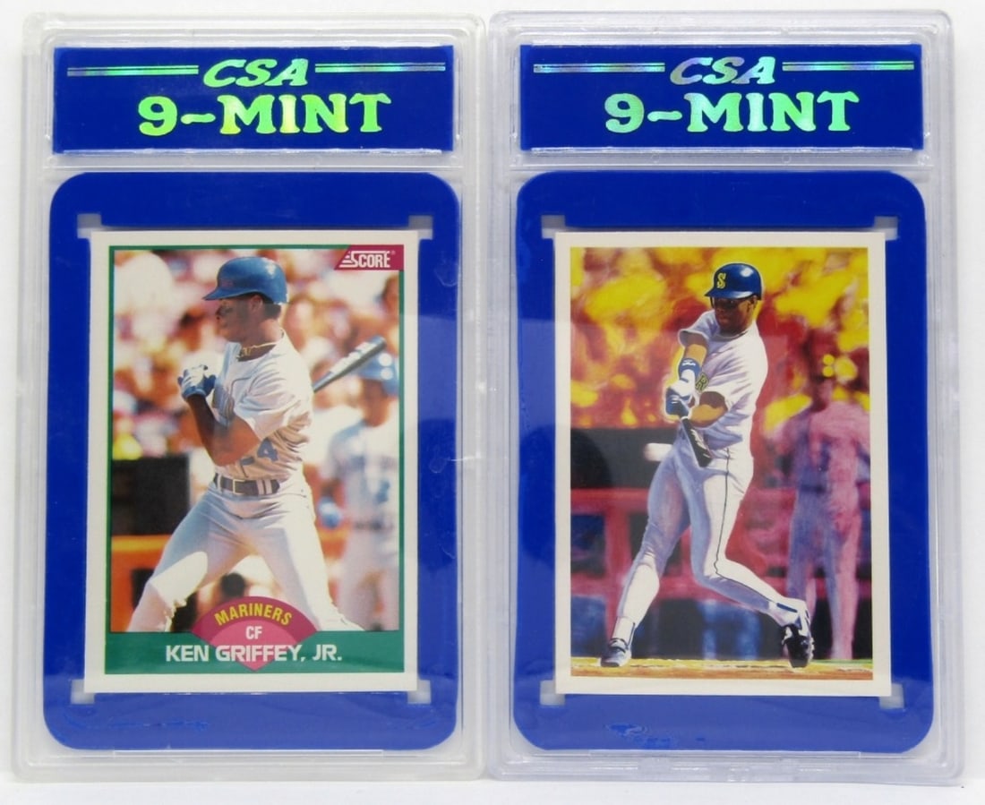 (2) Ken Griffey Jr Rookie Cards CSA Grading: 9 Mint, 1989 Score Traded, 1989 Score Scoremasters.