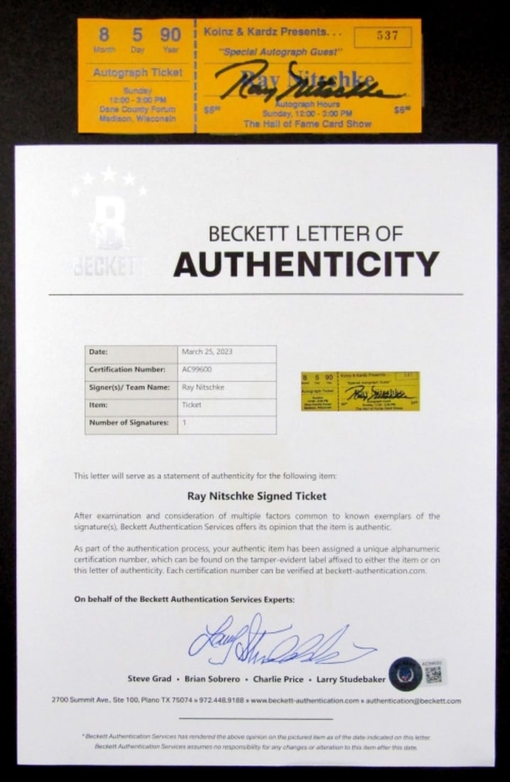 Ray Nitschke Autograph Ticket Beckett COA (1 of 2)