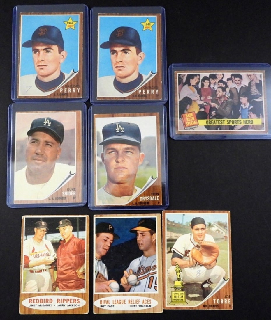 (8) 1962 TOPPS STAR CARDS - RUTH: #143 VGEX, (2) #199 PERRY ROOKIE GOOD inked & VGEX o/c, #218 TORRE inked, #340 DRYSDALE VGEX, #500 SNIDER VG+ #306 POOR & #423 VG