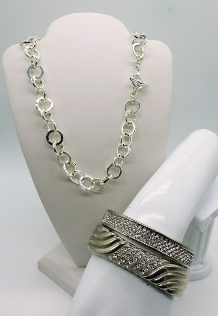 Vintage Cuff Bracelets & Cute Toggle Necklace: Two 7" silver tone Bangles with White Gemstones. One 15" chunky link necklace with a toggle clasp.