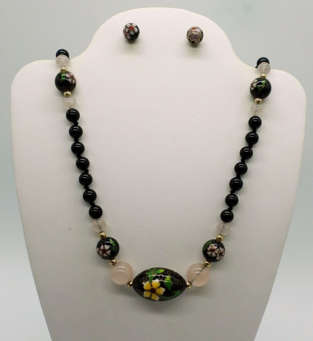 Vintage Cloisonne Enameled Multi Color Set: Vintage Cloisonne Enameled Multi Color Set. Necklace 24" and a pair of matching vintage cloisonne stud earrings. Also includes two extra black beads that originally came with the necklace.