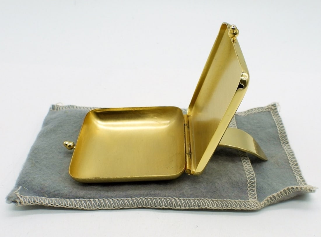 Napier Brand Vintage Ashtray: Small Vintage Napier Portable Brass Silent Waiter Ashtray with original bag. 3" x 1.5"