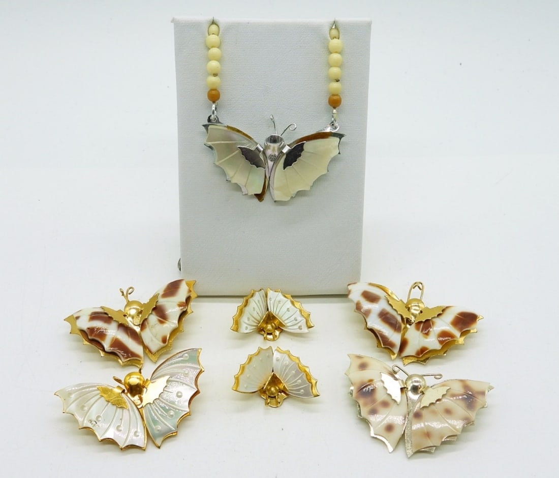 Vintage Shell Wing Butterfly Necklace, Pins, Earri (1 of 3)