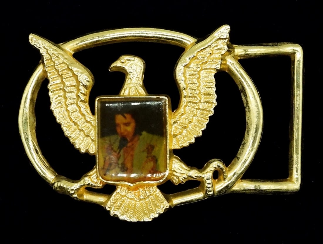 Elvis Presley Eagle Belt Buckle: Large gold tone belt buck with an eagle and a photo of Elvis Presley.
