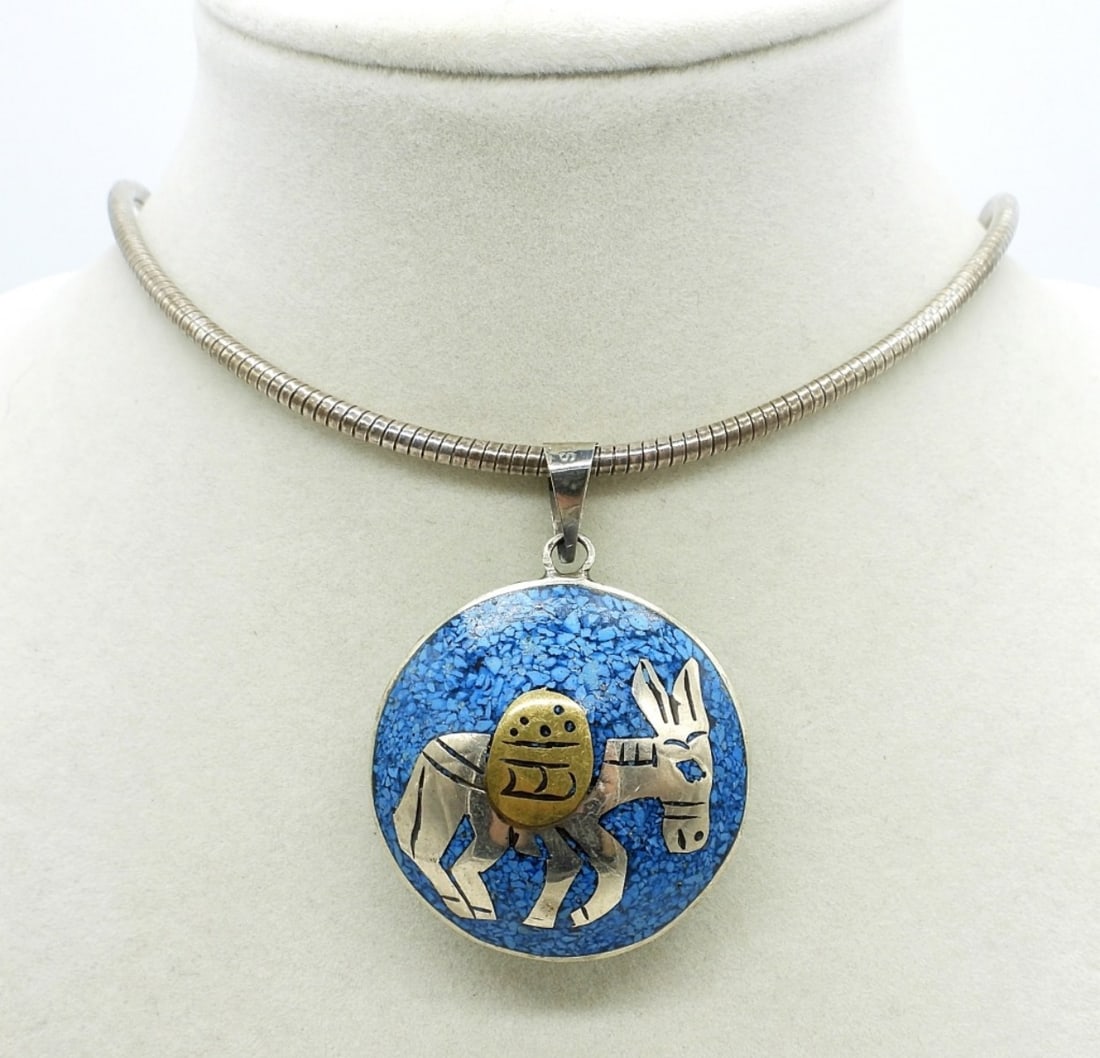 Domed Double Sided Pendant: Domed double sided mosaic pendant, Stamped Mexico. The chain is an odd twist to open and close the clasp, it works.