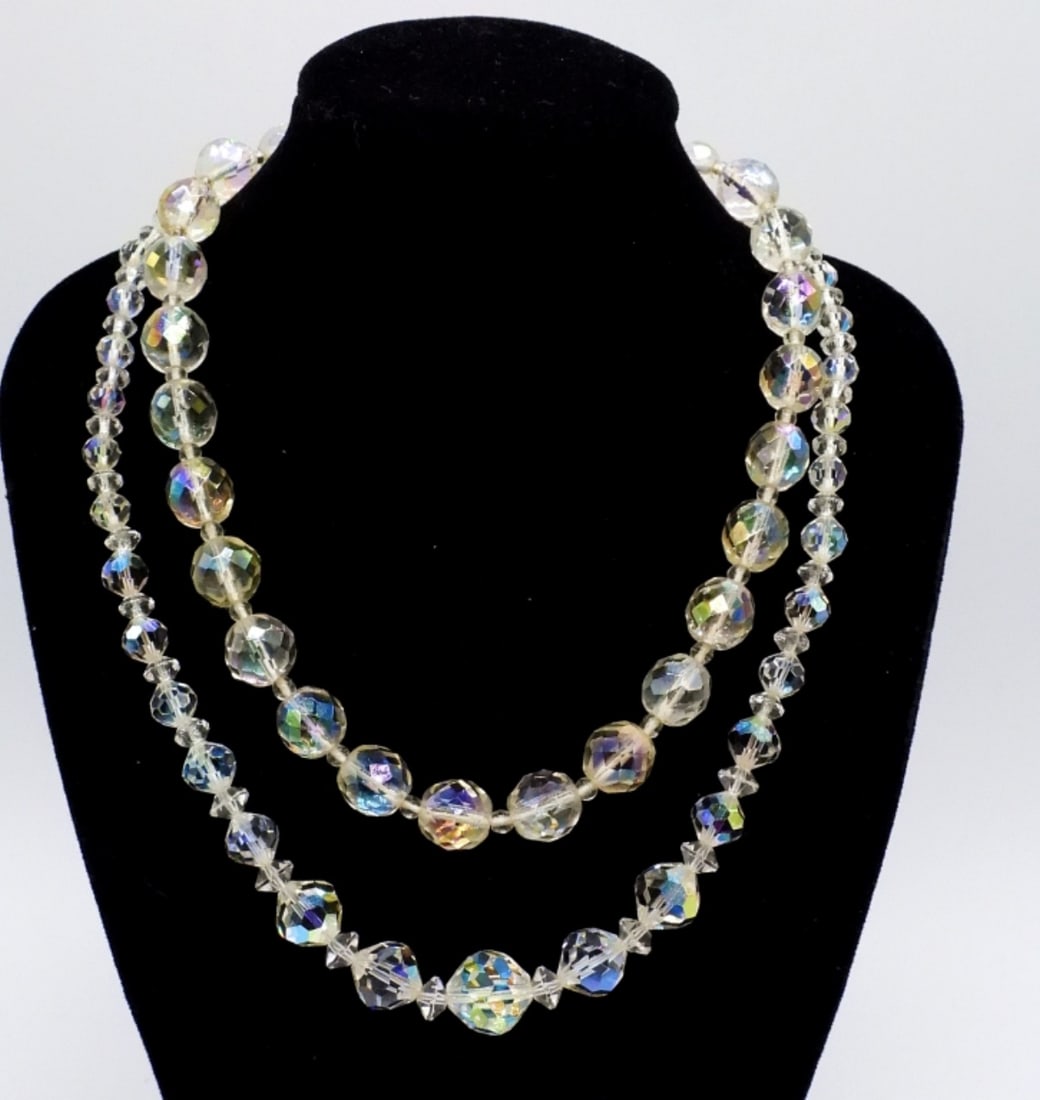(2)Vintage Crystal Glass Necklaces: Two vintage crystal glass necklaces, 14" & 16".