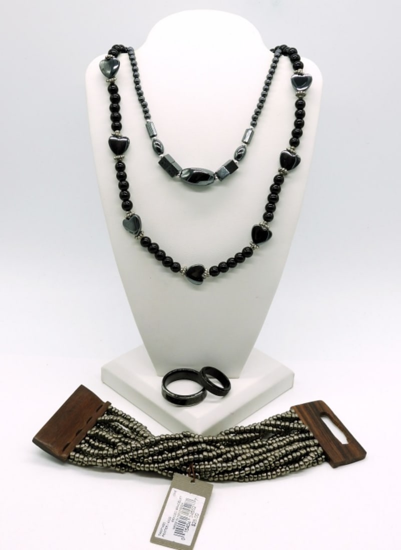 Hematite Necklaces & More: Two Beaded Hematite Necklaces, 21", 18". NWT Tommy Bahama Wood & Beaded Bracelet. 8". Two Black Metal Rings, Sizes 7 & 14.