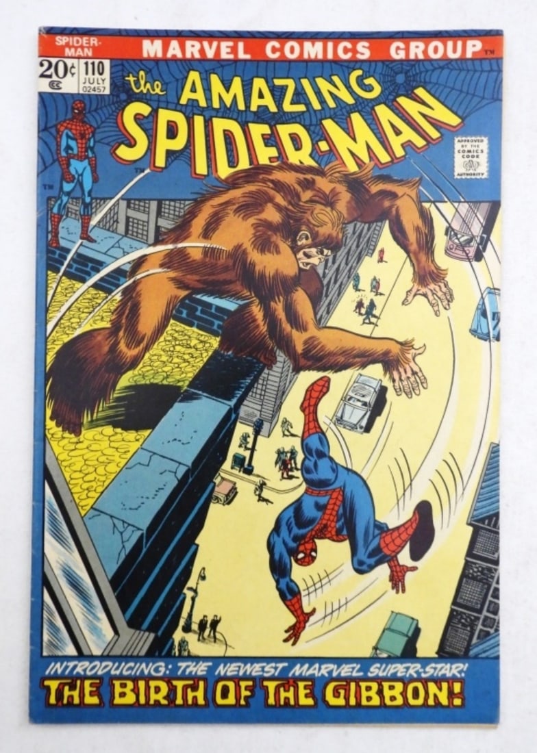 MARVEL COMICS THE AMAZING SPIDER-MAN #110: 20- CENT ISSUES 1972 FINE OR BETTER, 1ST APPEARANCE OF GIBBON, FINAL ORIGINAL STORY WRITTEN BY STAN LEE FOR THE AMAZING SPIDER-MAN TITLE