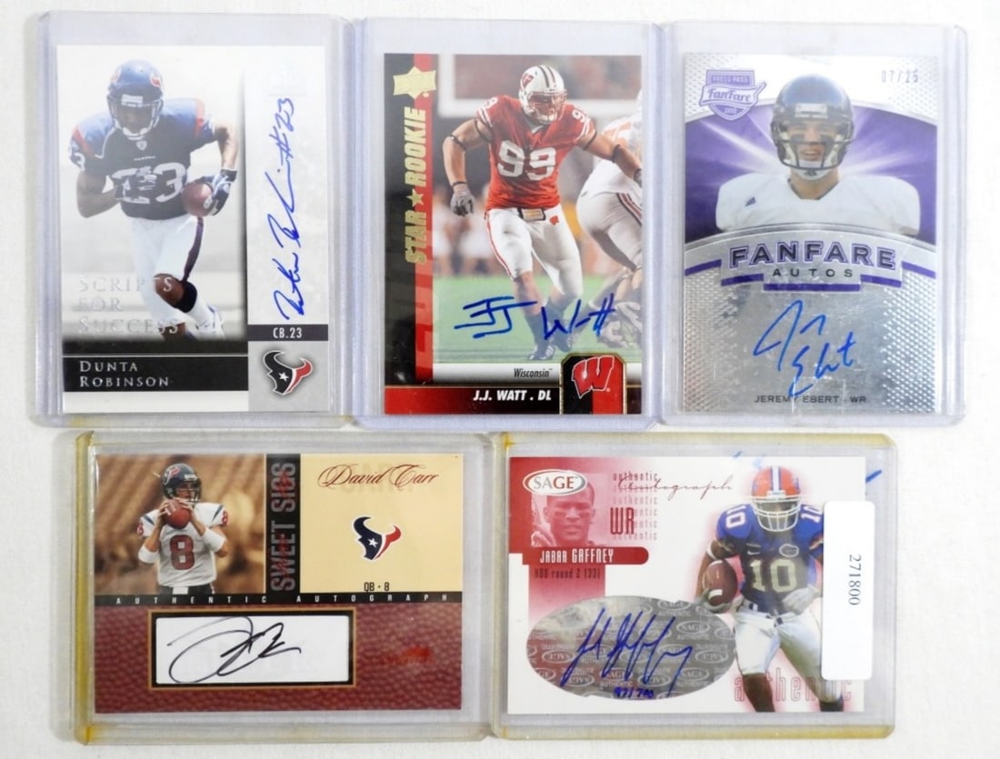 (5) FOOTBALL AUTOGRAPH ROOKIE CARDS: J.J. WATT, JABAR GAFFNEY, JEREMY EBERT, AND DAVID CARR, DUNTA ROBINSON, ALL DIFFERENT- DRAFT PICKS & ROOKIES