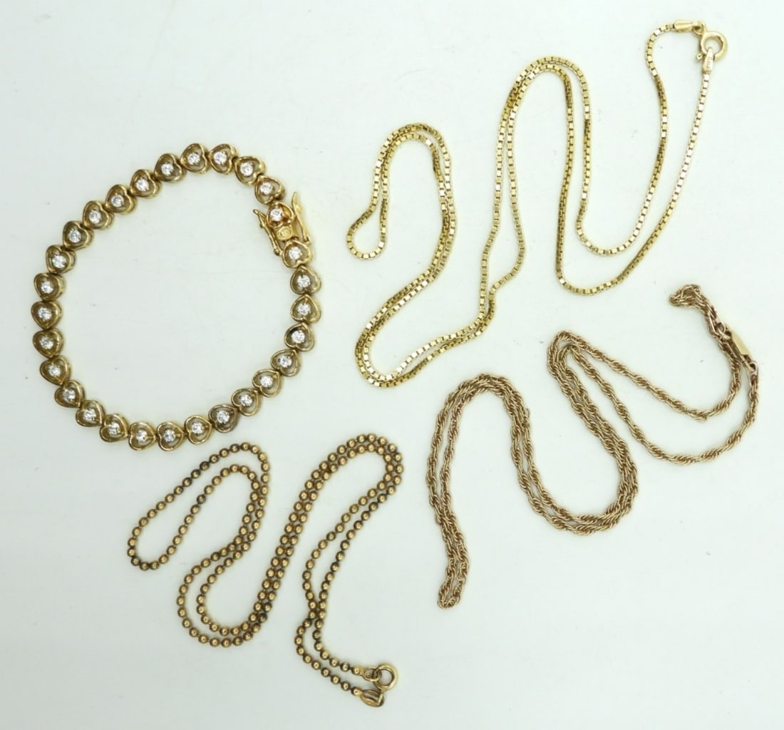 Assorted Gold 925 Gold Vermeil Chain Lot: 7 inch Tennis bracelet with white stones, 22 inch box chain, 16 inch rope chain, and 16 inch ball chain. (17.1 DWT)