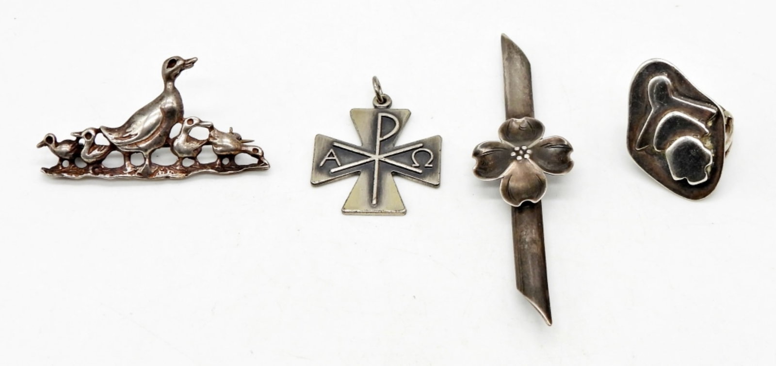 NYE DOGWOOD STERLING PIN, DUCK PIN,: UNIQUE RING size 5.5 & STERLING PENDANT (16 DWT)