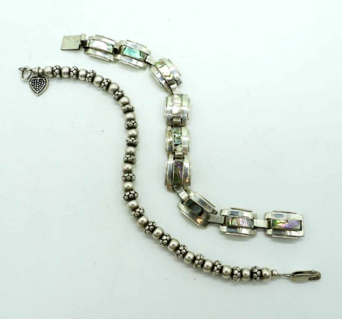 Vintage Sterling Tennis Bracelet Set: One 6 inch Mother of Pearl rectangle link bracelet with working clasp, and one 7 inch Sterling beaded bracelet with ring clasp. (17.5 DWT)