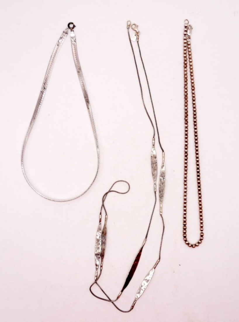 (3) STERLING SILVER NECKLACES: STERLING PEARL BEADED, WIDE CHAIN AND MORE - 16", 18" & 36" LENGTHS - STAMPED 925, PZ 925 ISRAEL - 24.6 DWT