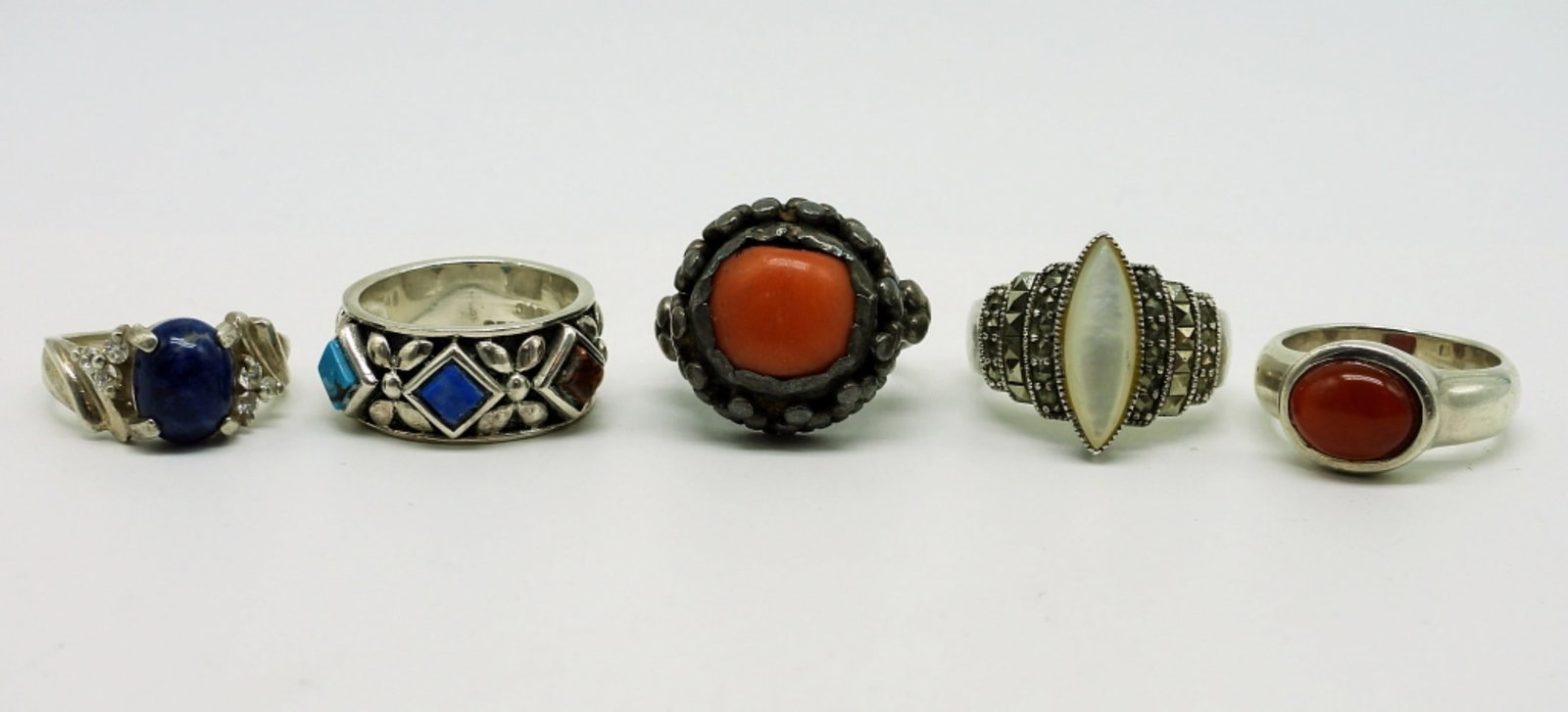 (5) Sterling Fashion Rings: Five Sterling Rings, Lapis, Carnelian & Mother of Pearl. Sizes 5-8. 22.9 DWT