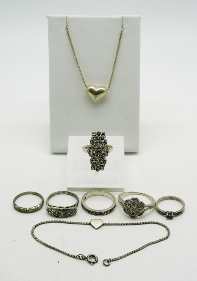 (8) Sterling Marcasite Rings, Bracelet & Necklace (1 of 3)