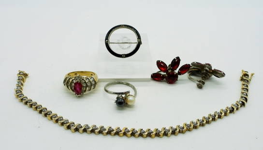 Two Vintage 925 Rings, Pin, Bracelet & Antique Red: Gold Tone Sterling Ruby Colored Gemstone Ring size 7. Sterling size 7 Faux Pearl Ring, 7 inch Gold Tone Tennis Bracelet and Beautiful Ruby Red Rhinestone Screw Back Earrings. 21 DWT