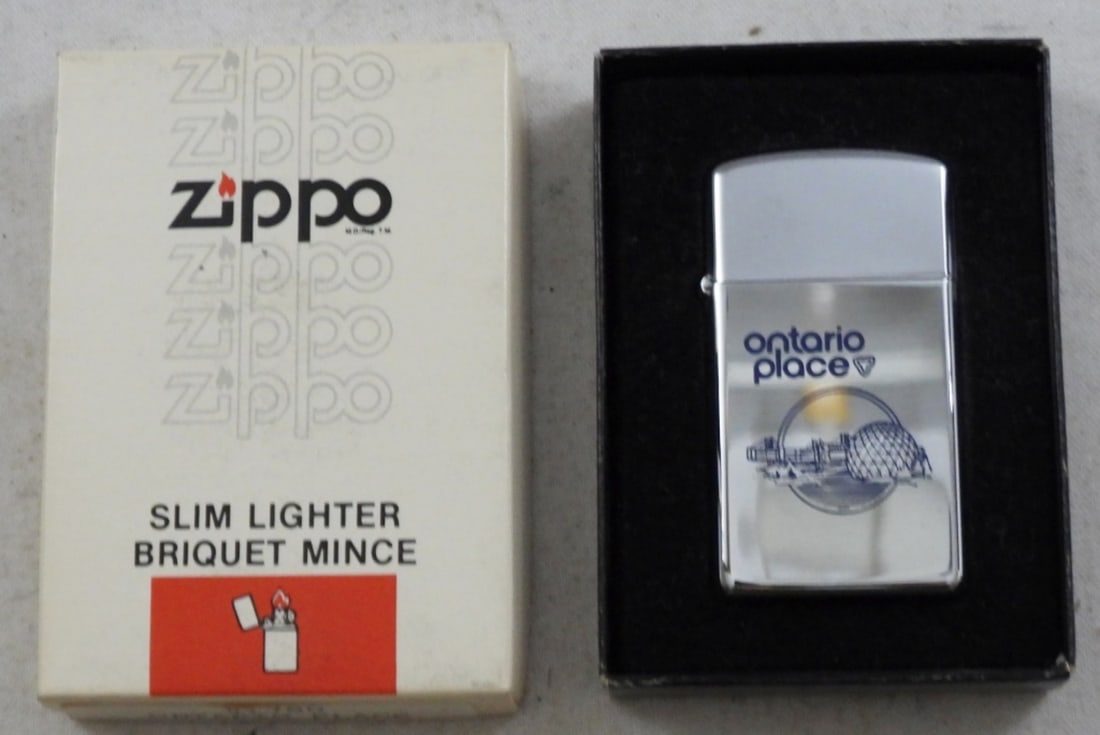 1978 UNFIRED ZIPPO ONTARIO PLACE LIGHTER: IN THE BOX, ONTARIO PLACE SENCE ON THE FRONT, SLIM LIGHTER BRIQUET MINCE