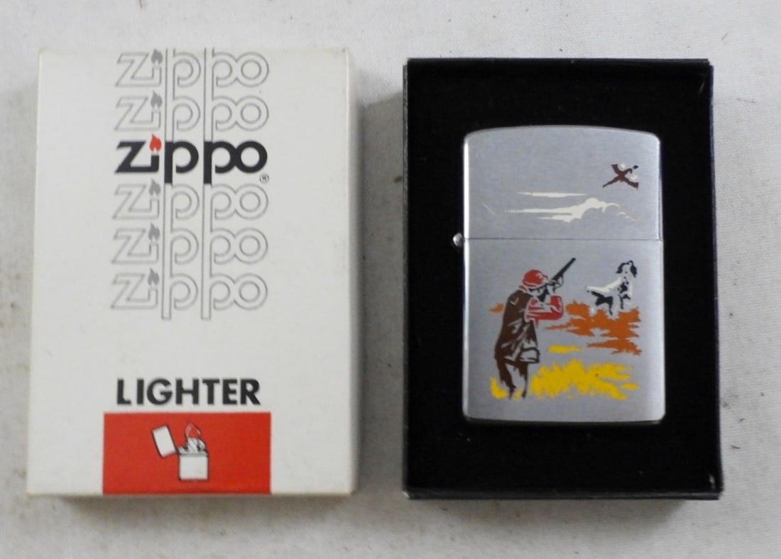 1967 FIRED ZIPPO HUNTER AND DOG LIGHTER: IN THE BOX, HAS BEEN FIRED