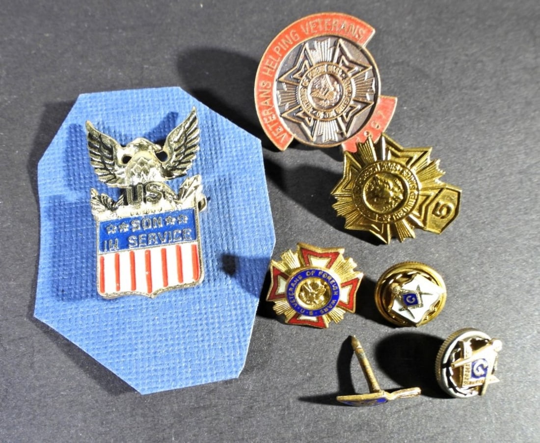SON IN SERVICE PIN, VETERANS PINS &: (3) TINY MASONIC PINS