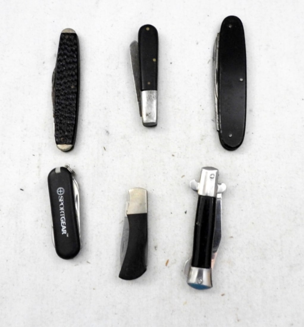 (6) Vintage Folding Pocket Knives: 2-Blade Royal Brand Germany, 2-Blade Syracuse Knife Company, 2-Blade Germany, Single Blade Bear MGC, Single Blade MM-11-77 Japan, SportGear Keychain Multi-Tool Knife; Used Conditions.