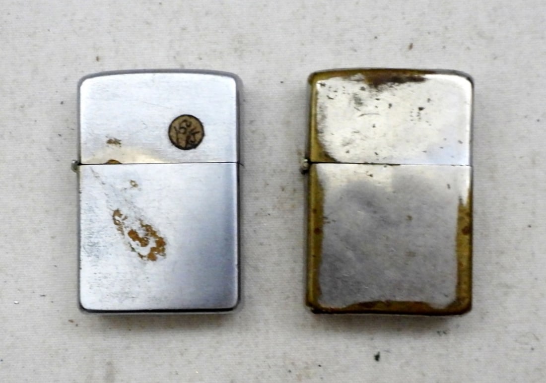 (2) PAT. 2517191 ZIPPO LIGHTERS: 1950-1957, USED CONDITION, MATCHING INSERTS FOR BOTH