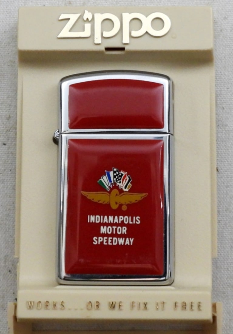1981 UNFIRED INDIANAPOLIS MOTOR SPEEDWAY SLIMZIPPO: UNFIRED, IN THE BOX, RED OVERALAY