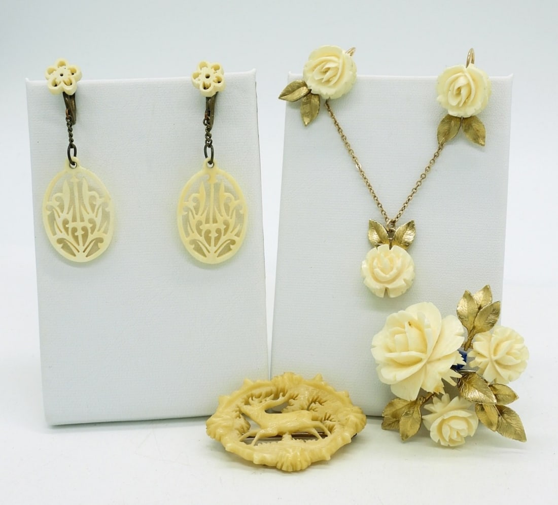 Vintage Carved Celluloid Set: Vintage 12K Gold Filled Earrings (2Pair), Brooch & Necklace Set, Carved Celluloid Roses. Necklace is 17". Carved Bone Brooch with Deer Scene, Measures 1.5"x 1".