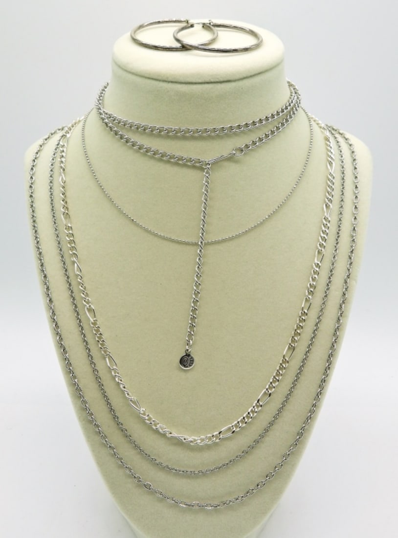Silver Tone Chain Necklaces & Hoop Earrings (1 of 2)