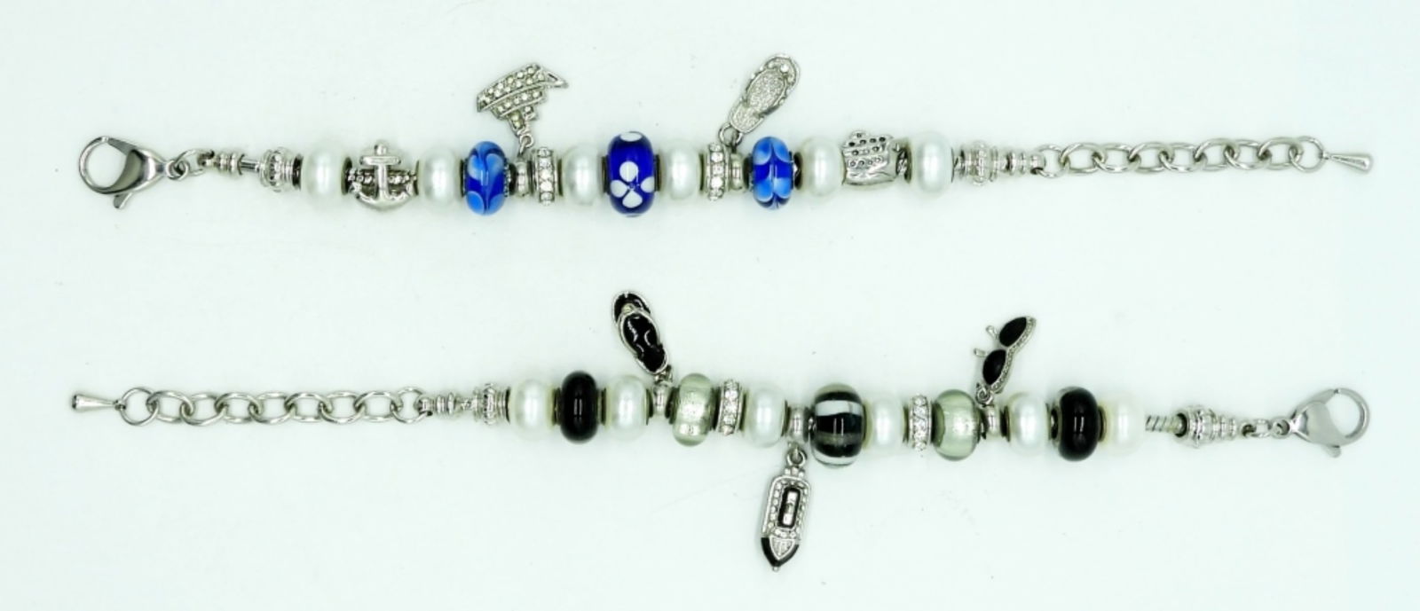 (2) GLASS SLIDER BEAD BRACELETS: BEAUTIFUL GLASS SLIDER BEADS & SPARKLY CHARMS - 9 INCH LENGTH