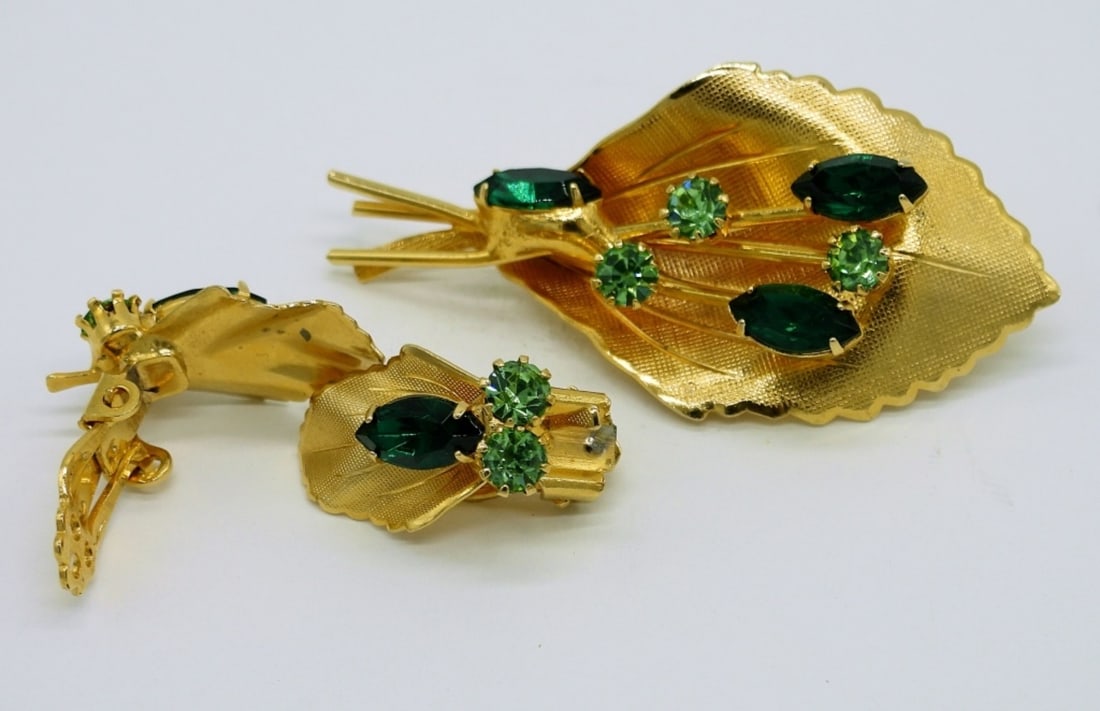 Vintage Leaf Brooch & Earrings-Uranium Glass Rhine (1 of 4)
