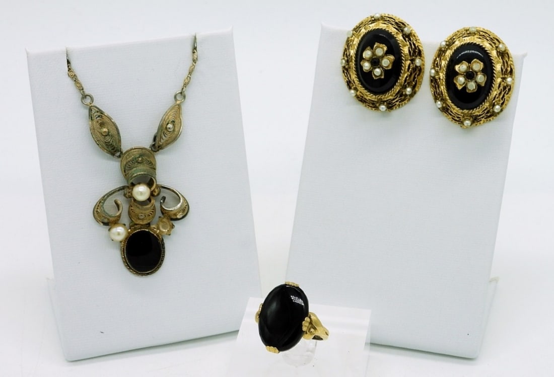 Vintage "Espo" Necklace, Ring & Earrings: Vintage Gold Tone, 12K Gold Filled "Espo" Brand Necklace with a Black Gemstone (missing one pearl accent), 15". Gold Tone, Size 5 Ring with Black Gemstone. Vintage Gold Tone Clip On Earrings with Blac