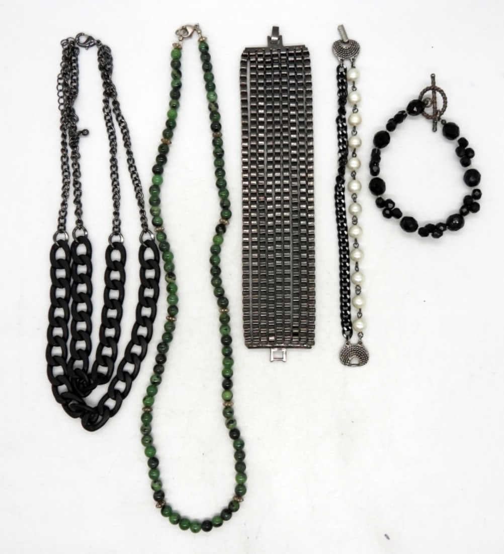 (5) COOL ALTERNATIVE STYLE ACCESSORIES:: (2) NECKLACES & (3) BRACELETS. NECKLACES: 23" GREEN JADE BEADED W/ 925 CLASP, 15" DOUBLE STRAND BLACK & GUNMETAL CHAIN. BRACELETS: 8" BLACK BEADED, 7" DOUBLE STRAND BLACK CHAIN & PEARL, & 7" THICK MUL