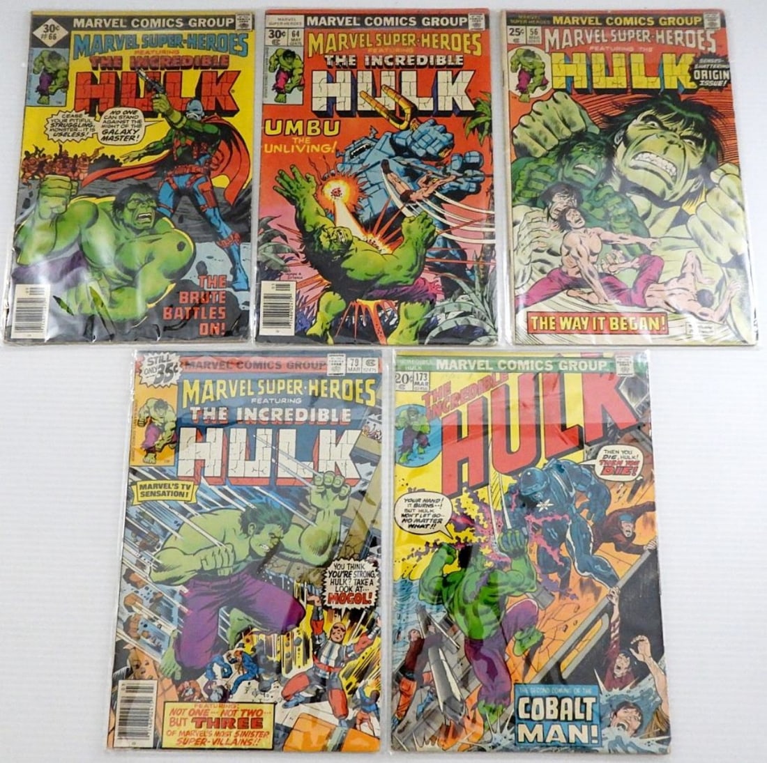 (5) VINTAGE THE INCREDIBLE HULK COMICS: MARVEL SUPER-HEROES FEATURING THE HULK ISSUES #56, 64, 66, & 79; THE INCREDIBLE HULK ISSUE #173; VERY NICE CONDITION & SLEEVED