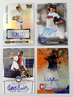 (4) AUTOGRAPH PREMIUM BASEBALL CARDS: FACTORY ISSUED, SOME LIMITED EDITION, GREAT MIX, WILL BENSON, BOBBY BRADLEY, MIKE CLEVINGER, ANDREW MILLER