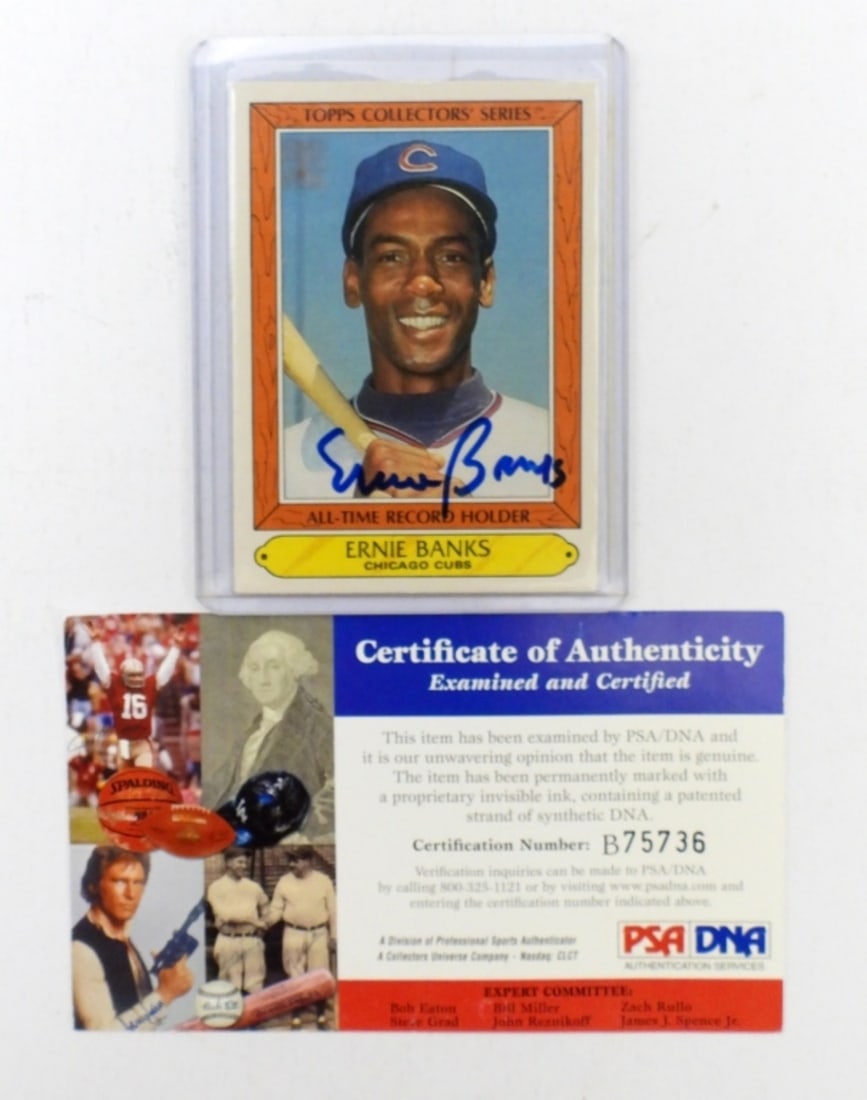 1985 Topps Ernie Banks Autograph PSA/DNA COA: Topps Collectors' Series All-Time Record Holder Chicago Cubs, With Certificate of Authenticity.